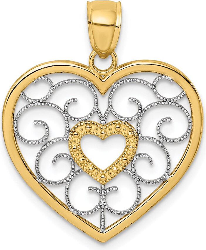 Diamond2Deal 14k Yellow Gold and White Rhodium Filigree Heart Charm Pendant