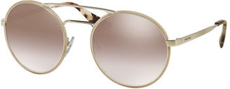 Prada Mirrored Round Brow-Bar Sunglasses, Beige