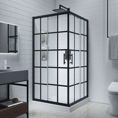 Borealis Cyrus 36" W x 36" D x 72" H Aluminum Framed Black-Grid Double Sliding Square Sliding Shower Enclosure with Heat Soaking Process and Protective Coating