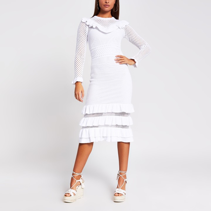River Island Womens White crochet ruffle midi dress ShopStyle