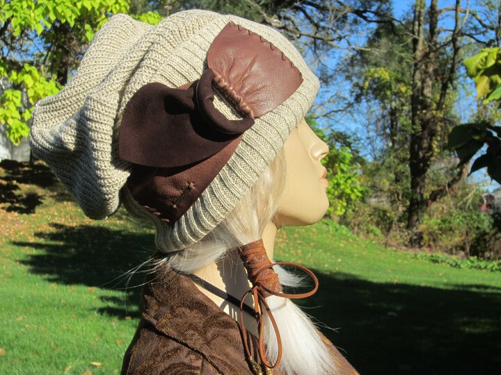 Slouchy Tam Hat Oversized Wide Cuff Beanie Oatmeal Tan Cotton Leather Belt Antique Buckle Straps Boho Post Apocalyptic Clothing A1926 Lc