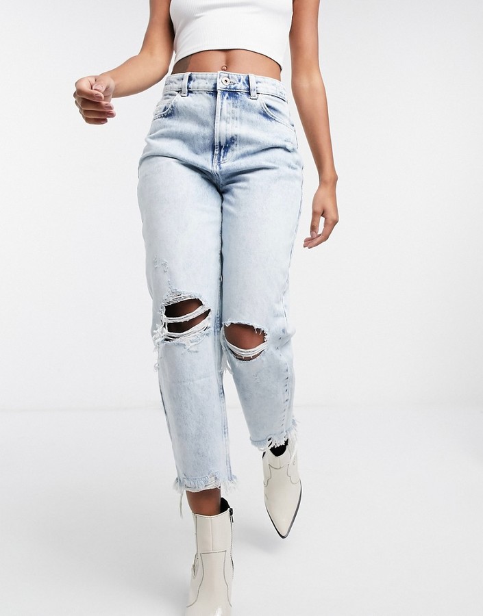 Bershka ripped mom jean with distressed hem in light blue - ShopStyle
