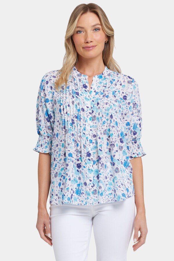 NYDJ Pleated Short Sleeved Blouse in Jimena Garden