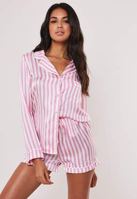 Missguided Petite Pink Striped Satin Short Pyjama Set