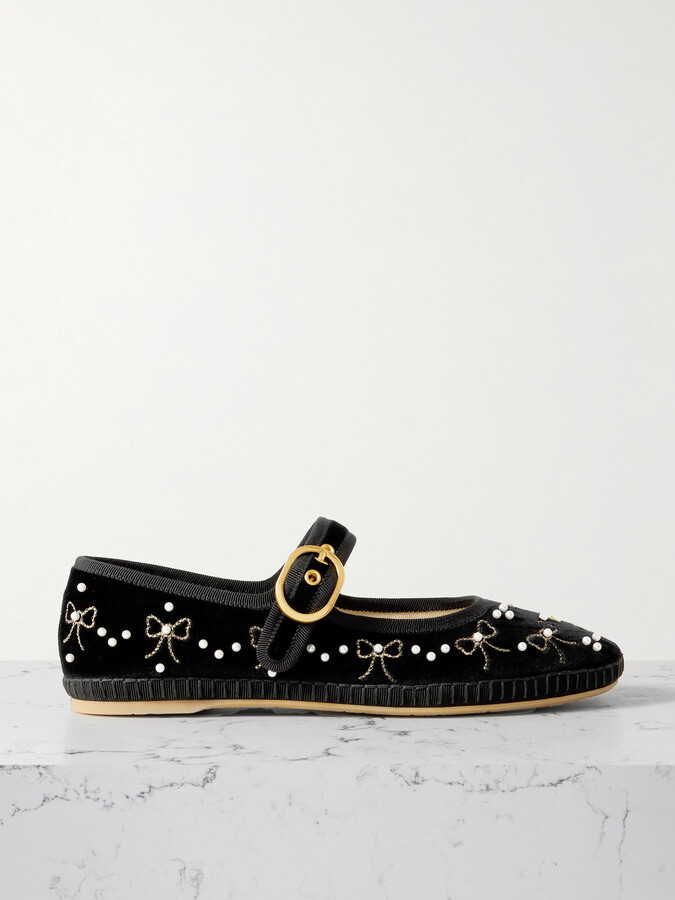Valentino Garavani Endouce Embellished Grosgrain-trimmed Velvet Mary Jane Ballet Flats - Black