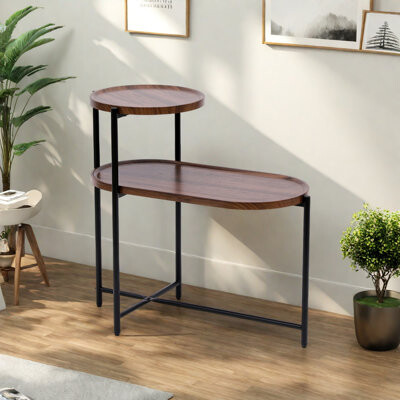 Ebern Designs Round Coffee Table With Storage Tray 2 Tier Oval End Tables Wooden Small Side Table For Living Room