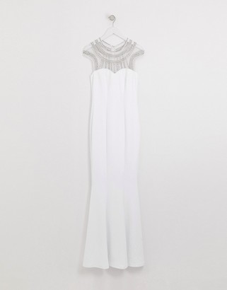 City Goddess bridal capped sleeve fishtail maxi dress with embellished detail