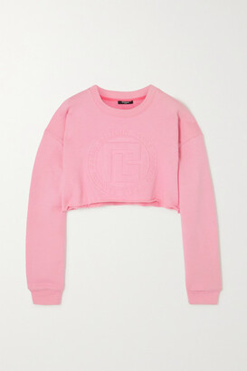 Balmain Cropped Embossed Cotton And Cashmere-blend Sweatshirt - Pink