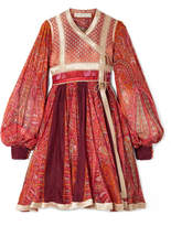 Etro - Paneled Cotton And Silk-blend Jacquard And Printed Chiffon Wrap Dress - Red