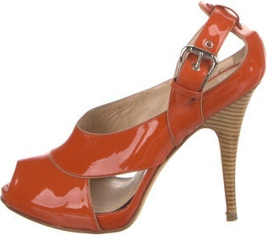 Giuseppe Zanotti Patent Leather Slingback Pumps Orange Colorblock Pattern Leather Trim Peep-Toes Platform Buckle Closure at Sides