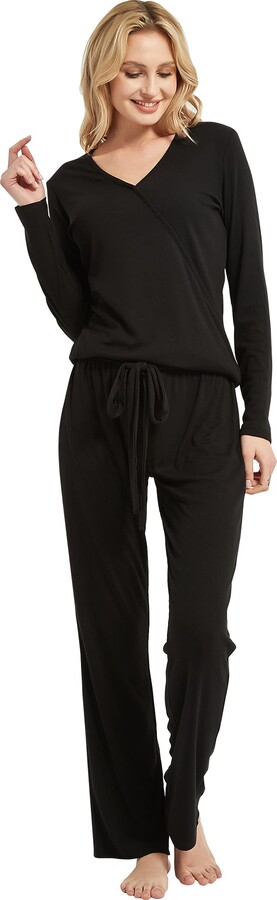 FELEMO Womens Pajamas Long Sleeve Loungewear V Neck Sleepwear with