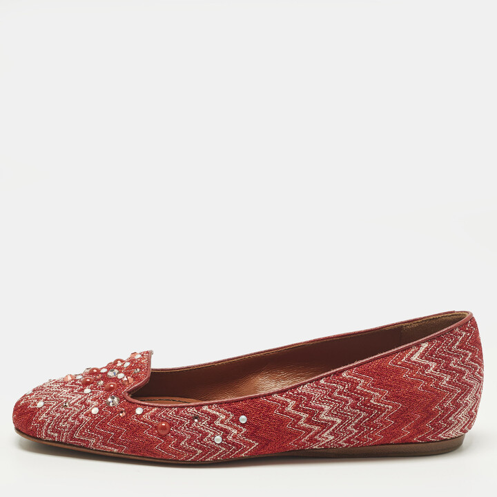 Missoni Size 38 Red Lurex Fabric Crystal Embellished Ballet Flats