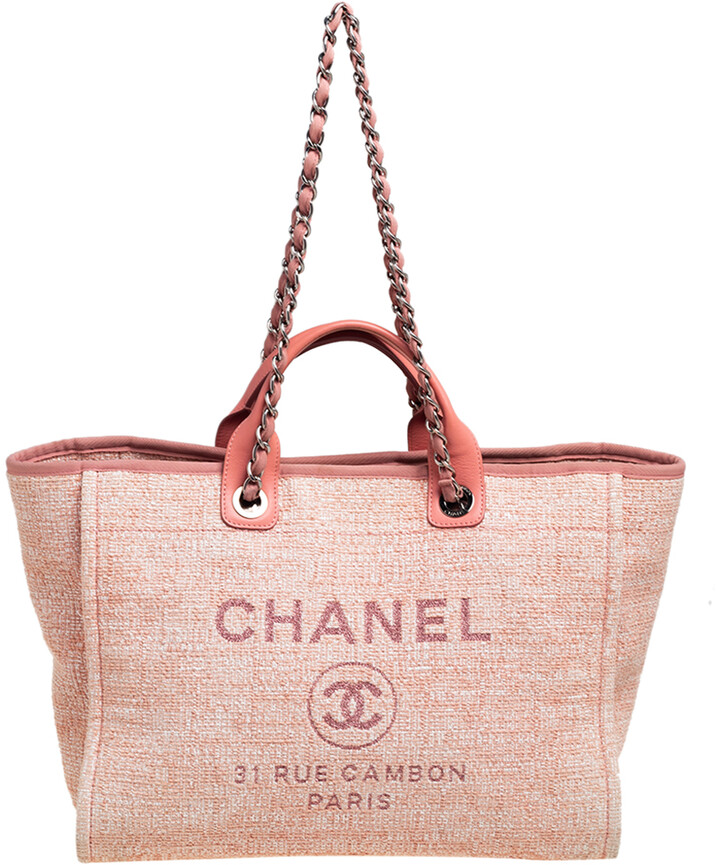 CHANEL Coco Heart Print Pink Canvas Large Tote Bag