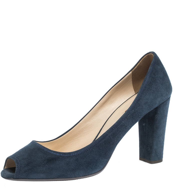 blue suede block heel pumps
