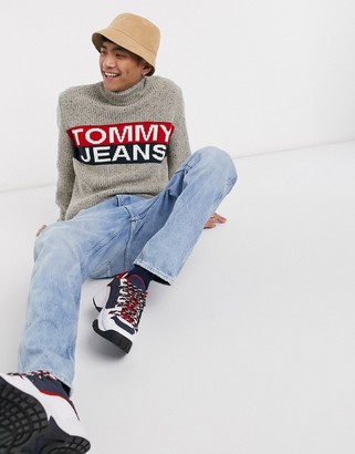 Tommy Jeans logo panel roll neck knit jumper in cream