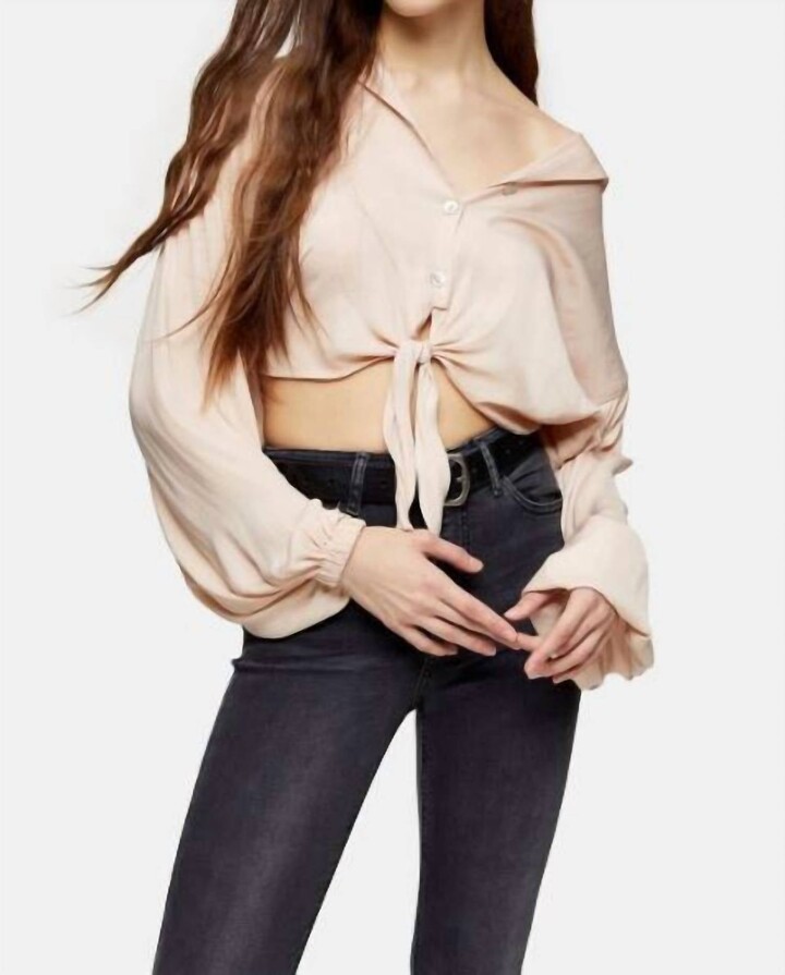 Topshop Blush V Neck Front Tie Crop Top In Beige