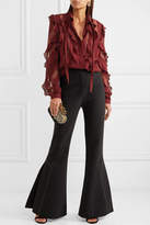 Thumbnail for your product : Elie Saab Lace-trimmed Ruffled Silk-blend Crepe De Chine Blouse - Burgundy