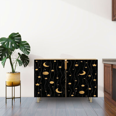 Dakota Fields Sideboard Buffet Cabinet with Storage child Gold stars moon black with 2 Doors for Living Room and Kitchen