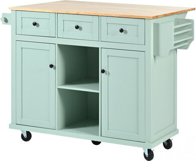 Versatile Kitchen Cart with Rubber Wood Drop-Leaf Countertop, Cabinet Storage, and 5 Wheels for Easy Mobility and Organization
