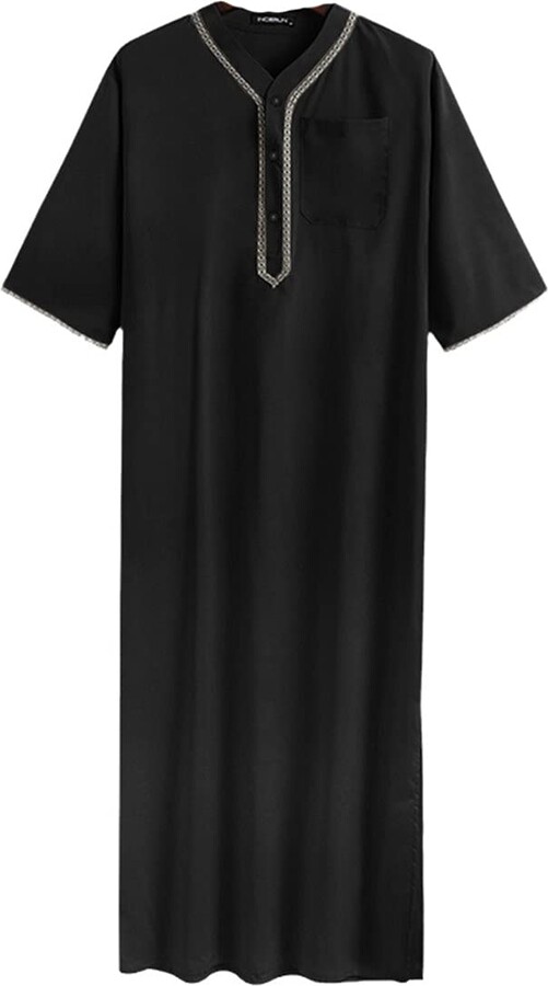 LIOPJH Men Islamic Muslim Kaftan Half Sleeve Solid Color V Neck Vintage