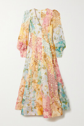Zimmermann Tempo Embellished Floral-print Linen And Silk-blend Gown - Green