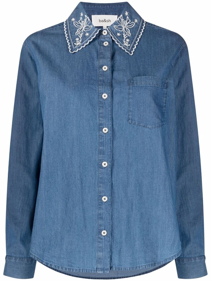 BA&SH Allan embroidered collar denim shirt ShopStyle Long Sleeve Tops