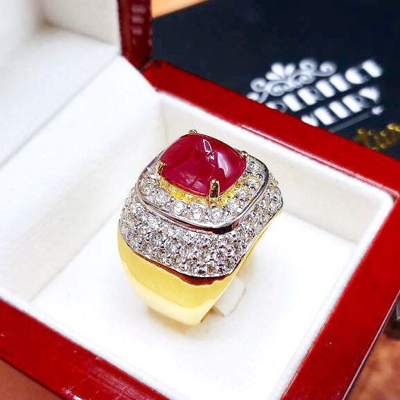 Etsy Burmese 8.20Tcw Natural Ruby Diamond 18K Solid Yellow Gold Ring Handmade Engagement Burma Certified Unisex Cabochon Mens Gentlema Sugarloaf
