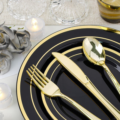 baiteyou A 350-Piece Black Plastic Cutlery Set For 50 Guests, Including 100 Disposable Plates (For Parties), 50 Pre-Rolled Napkins, Gold Cutlery, And 50 Cups (