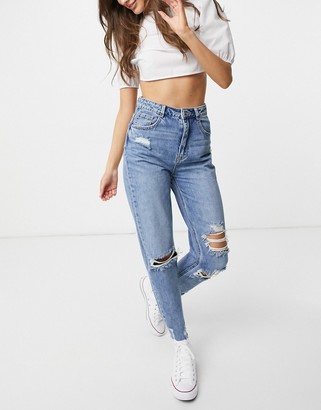 Pimkie mom jeans with rips in blue - ShopStyle