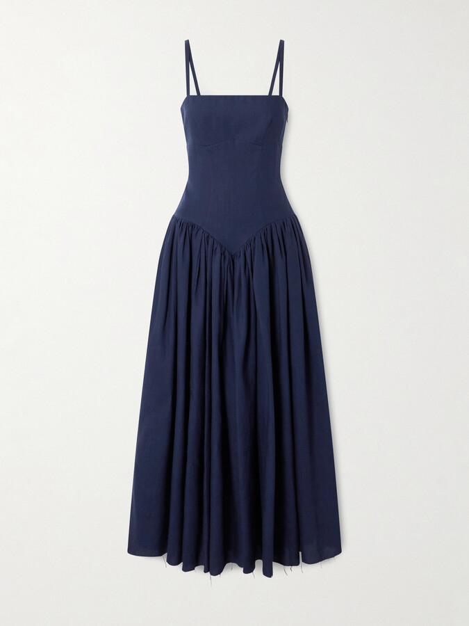 Gabriela Hearst Oriana Gathered Linen Midi Dress - Blue