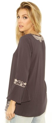 West Coast Wardrobe Heirloom Embroidered Bell Sleeve Top in Dusty Navy Blue