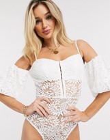 Thumbnail for your product : Love Triangle off shoulder lace body suit with baloon sleeve