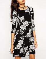 Thumbnail for your product : ASOS Swing Dress in Mono Floral with 3/4 Length Sleeves