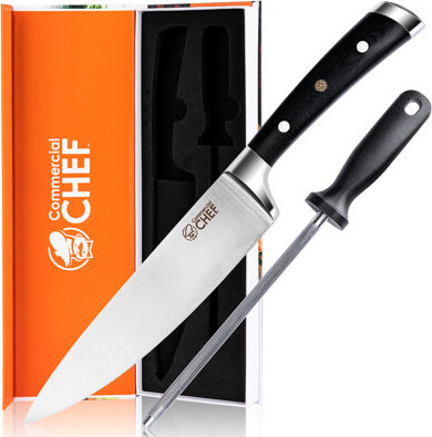 CommercialChef Commercial Chef Chef Knife 8 Inch Blade With G10 Handle And Sharpening Steel Knife Sharpener - Stainless Steel Triple Rivet, Razor Sharp Full Tang Sha
