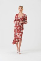 Thumbnail for your product : Liena Square Neck Long Sleeve Midi Dress In Red Floral