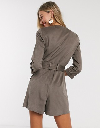 Morgan wrap front faux suede playsuit with belt in taupe