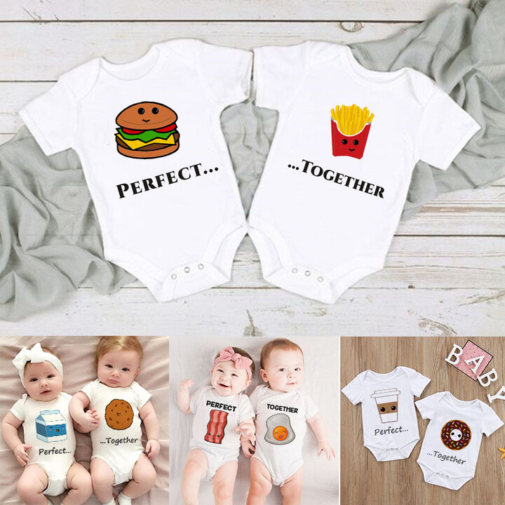 MENISCOUNTER Perfect Together Twin Baby Clothes Funny Twins Outfits Romper Boy Girl Shower Gift Summer Short Sleeve Bodysuits Brother/sister