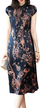 E-Girl Women Silk Dress Waist Tie A-Line Dress Printing Silk Dress Stand Collar Short Sleeve Maxi Silk Dress