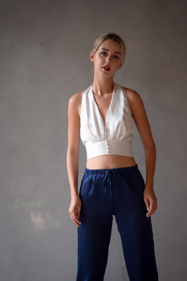 Etsy 100 Percent Pure Silk Handmade Silk Set Crop Top & High-Waisted Trousers