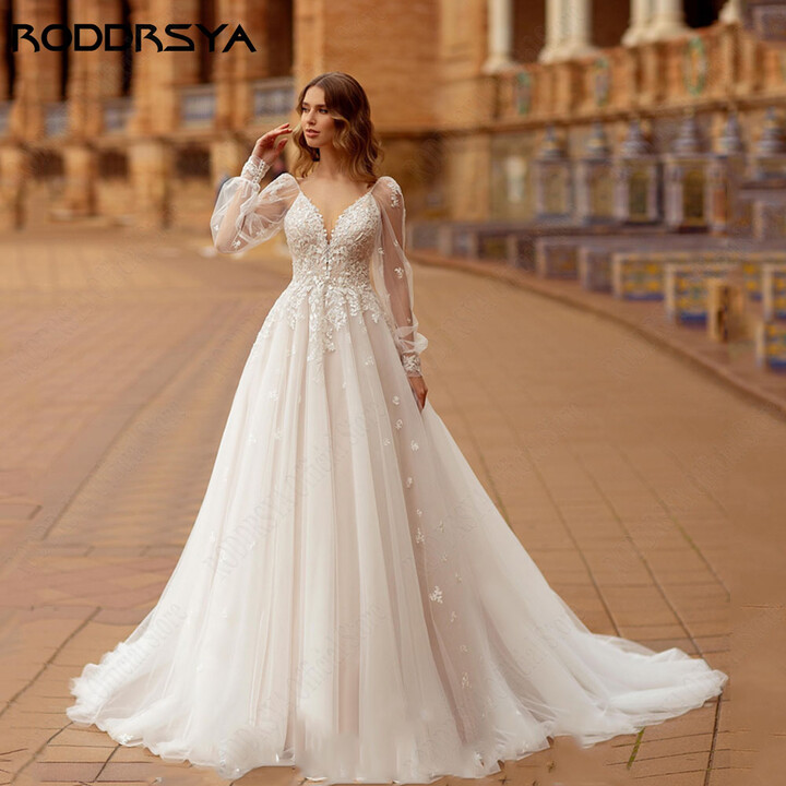 RODDRSYA Boho A-Line Lace Wedding Dress Women Puff Sleeves Tulle Bridal Gowns Backless Applique Bride Dress Plus Size Customized