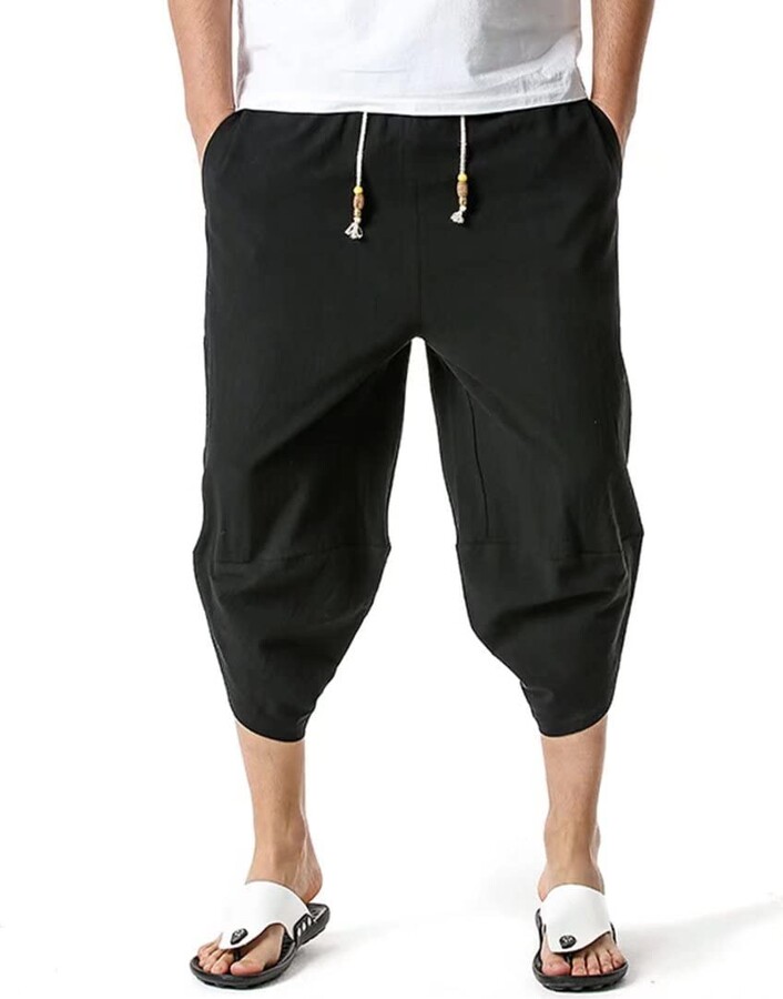 FTIMILD Men's Casual Linen Yoga Pants Elastic Waist Drawstring Wide Leg