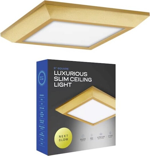 Next Glow NextGlowUltraSlim5"LEDCeilingLightFixture,4000KSquare,FlushMountLight-Brass