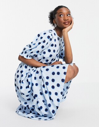 new look blue spot tiered smock midi dress