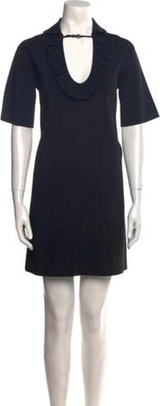 Gucci Shift Dress From the Spring/Summer 2020 Collection by Alessandro Michele Black Leather & Ruffle Accents Short Sleeve with Cowl Neck Designer