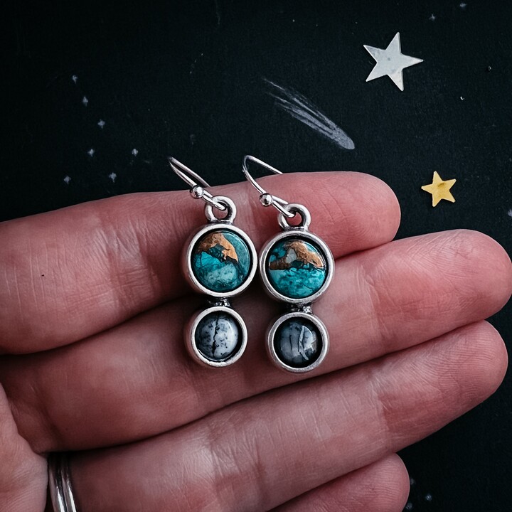 Etsy Simple Earth & Moon Natural Stones Dangle Earrings - Everyday Space Jewelry, Celestial Fashion Chrysocolla Dendrite Jewelry