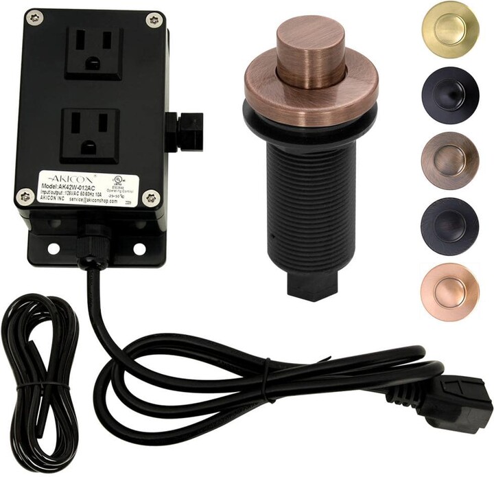 Akicon Garbage Disposal Air Switch Kit, Dual Outlet, Solid Brass Button, Antique Copper Long Button Air Switch - AK79003B