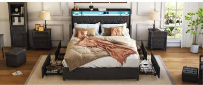 Latitude Run Full Bed Frame With Ergonomic Headboard Platform Bed Frame Full Size With Outlets & Charger & LED Light Metal Bed Frame Full Size With Storage Shelf