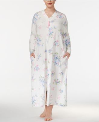 Charter Club Plus Size Printed Cotton Knit Zip-Front Long Robe, Created for Macy's