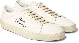 Saint Laurent SL/06 Court Classic Distressed Leather-Trimmed Embroidered Canvas Sneakers