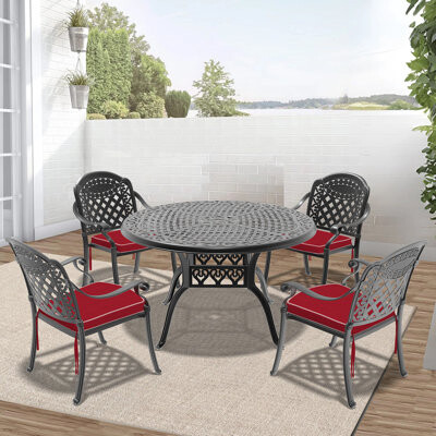 Red Barrel Studio 5-Piece Set Of Cast Aluminum Patio Furniture With Red Cushions(Same As W1710S00552)